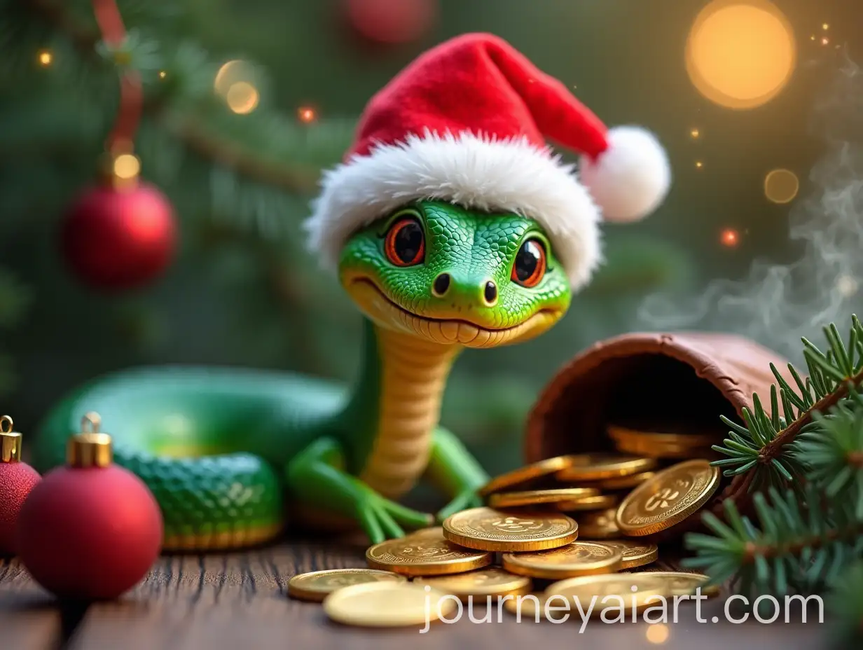 Cheerful-Green-Snake-with-Santa-Hat-and-Gold-Coins-Amidst-Christmas-Decorations