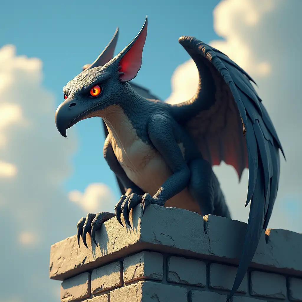 user_prompt: perspective in a three-quarter view, a living stone bird sits on the parapet of the tower wall, sharp ears, protruding lower part of the beak, wings in a half-open state, intimidating gaze, red eyes, claws embedded in the parapet, high quality, 4k, ray tracing, comic style, style of games 90s