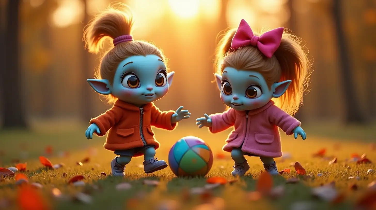 Twin Sisters Playing Ball with an Alien in a Colorful Autumn Park