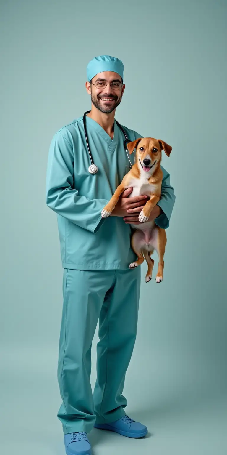 Veterinarian Holding Dog in Full Body Vet Attire