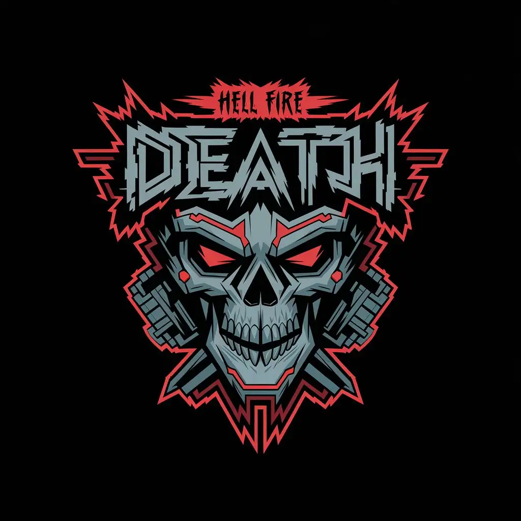 LOGO Design for Hell Fire Death Sinister Skull with Cyberpunk and Demonic Inscription on Black Background