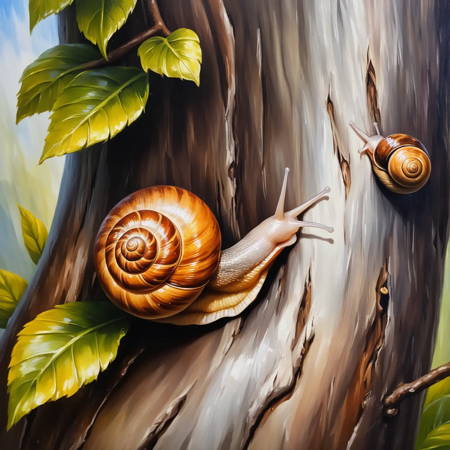 a snail crawls up a tree. close-up. oil painting