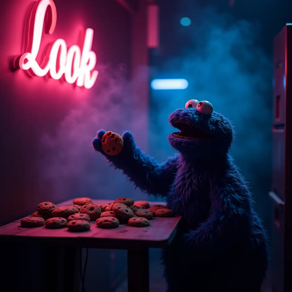 Cookie Monster Reaches for Chocolate Chip Cookies Under Neon Lights