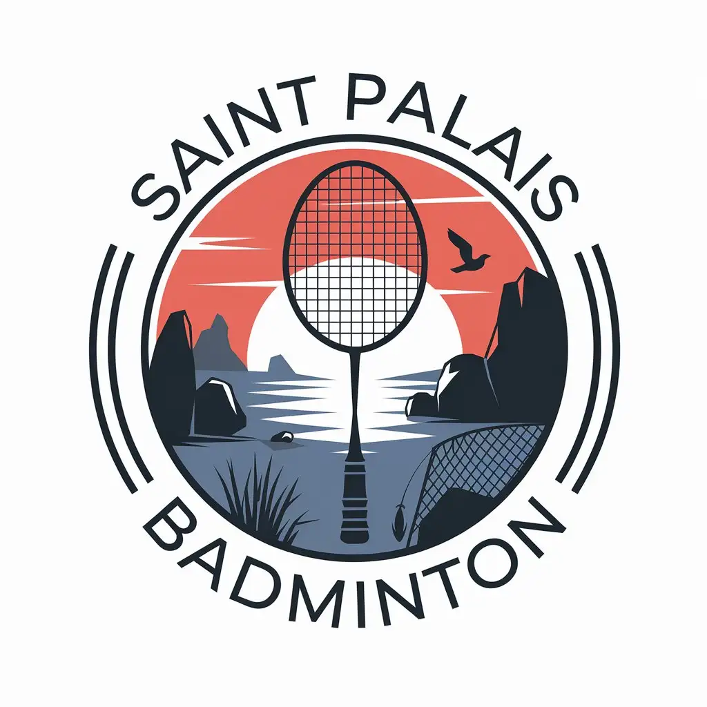 LOGO Design for Saint Palais Badminton Rochers by the Sea with Sunset Seagull Fishing Net and Badminton Racket Theme