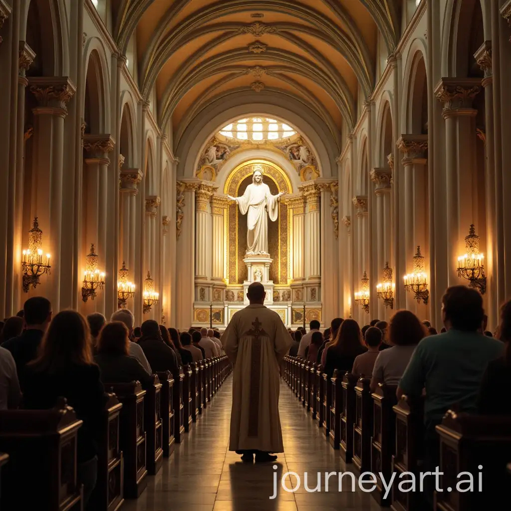 Priest-Introducing-Tourists-to-Magnificent-Catholic-Church-with-Jesus-Sculpture