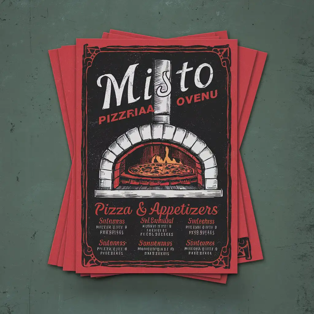 Vintage Sketch of Misto Pizzeria Menu Cover Featuring Pizza Oven