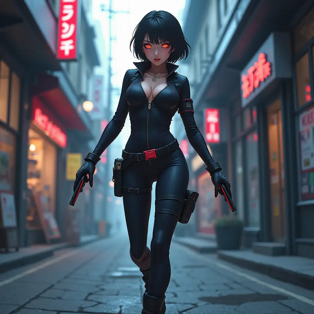 Short hair, mature Asian woman thief cyber runner in a dynamic full-length pose, eyes with red electronic pupils, large breast, extreme skintight body glove zipped down with cleavage, combat boots and combat belt. Full view of her body from boots up, low wide angle. Future store filled city alley street. Anime