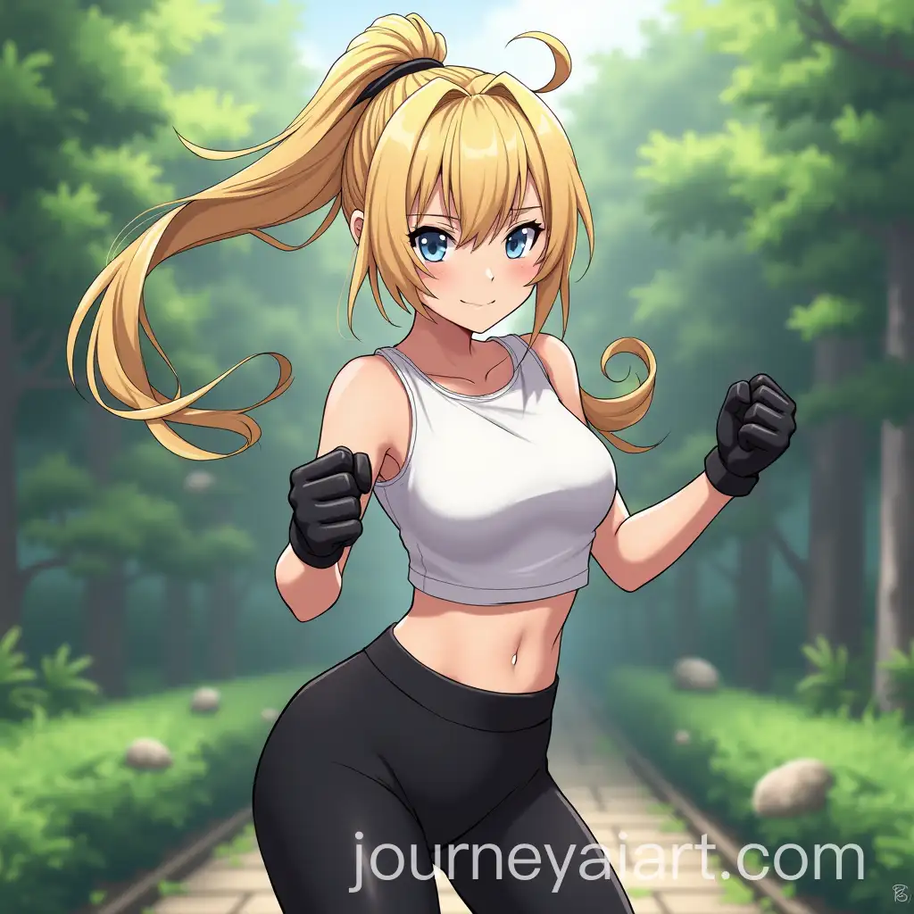 Blonde-Woman-in-Combat-Pose-with-Fists-Clenched-in-Garden-Setting