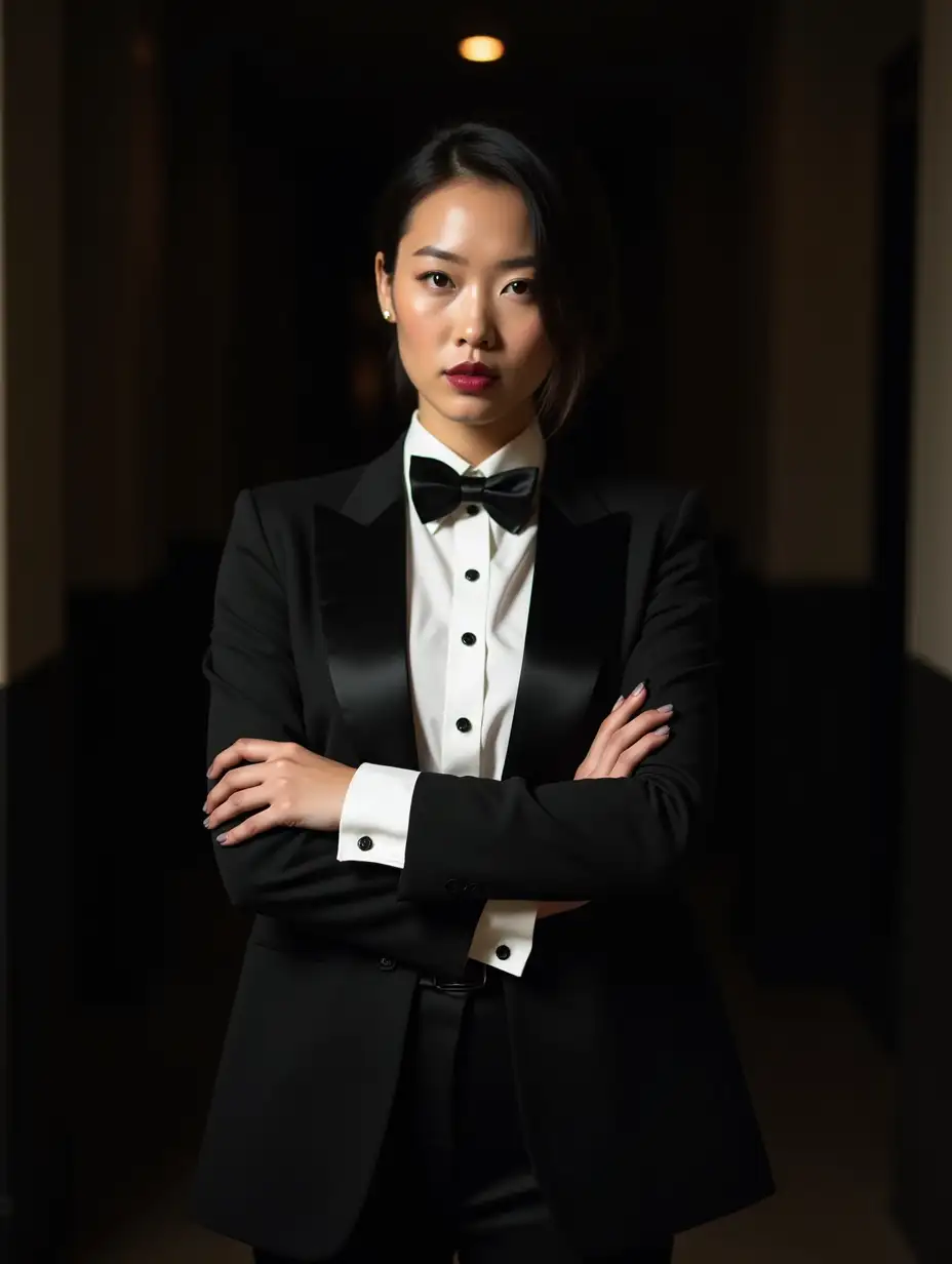 Confident-Asian-Woman-in-Tuxedo-Standing-in-Dark-Hallway