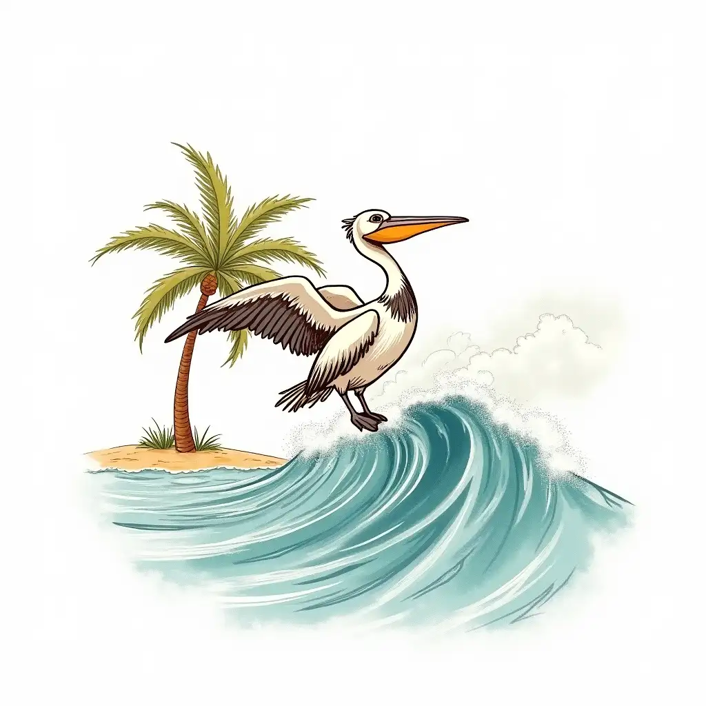 A distressed and faded vintage hand-drawn sketch of a pelican riding a big ocean wave. The pelican has its wings spread out. In the background, there are palm trees. The scene is set on a clean white background.