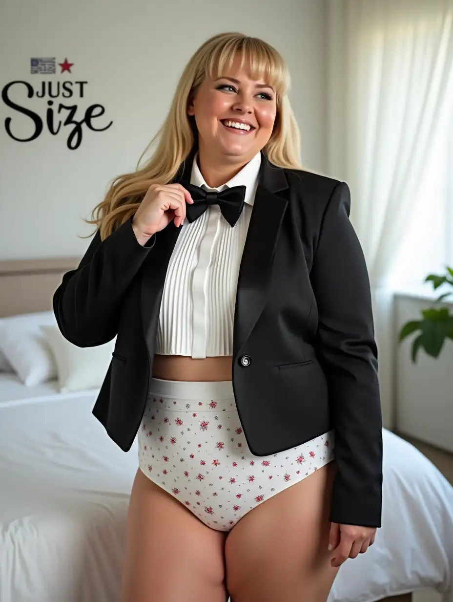 PlusSize-Woman-in-Formal-Orchestra-Tuxedo-in-White-Bedroom