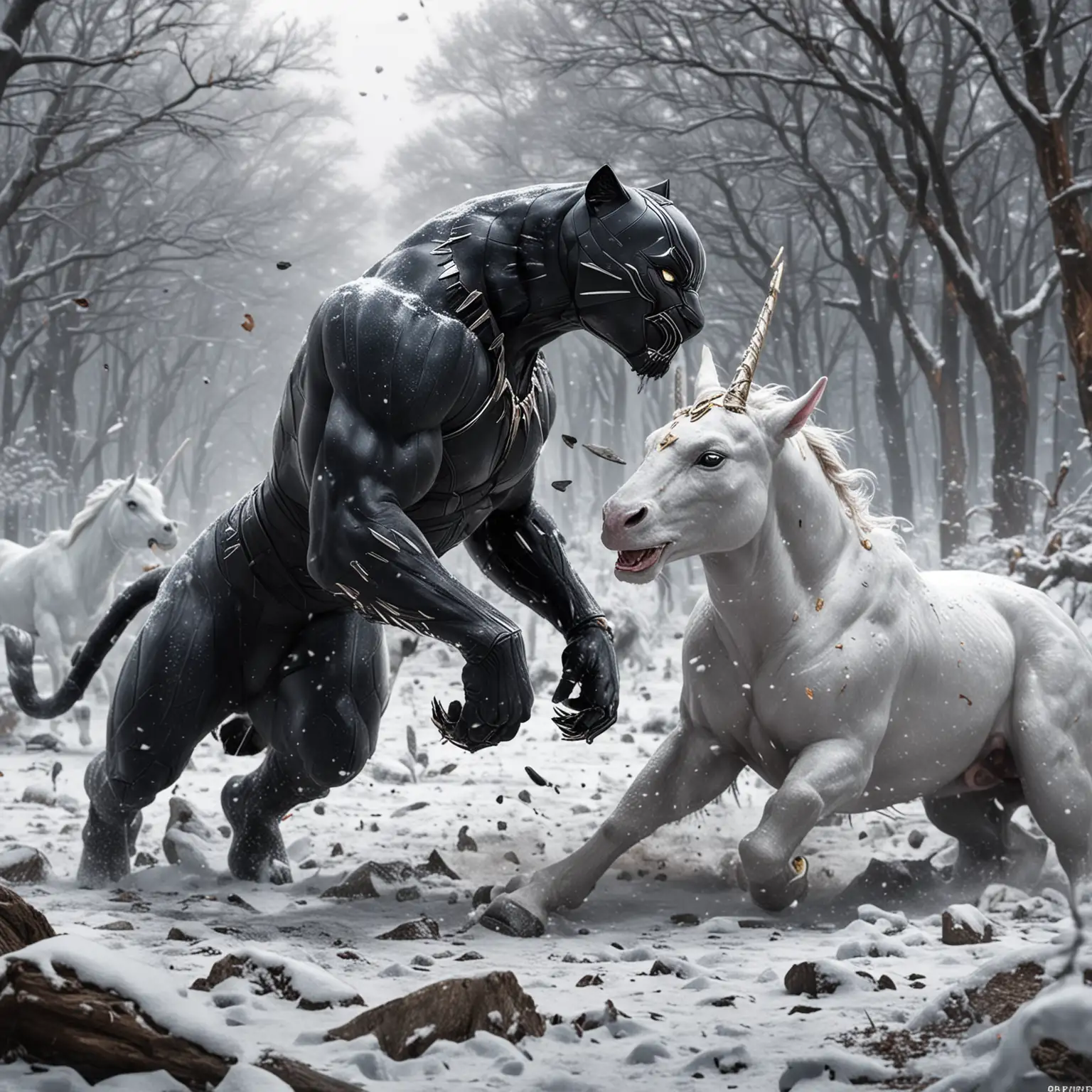 Black Panther Fighting Ripped Unicorn in Snowy Battle