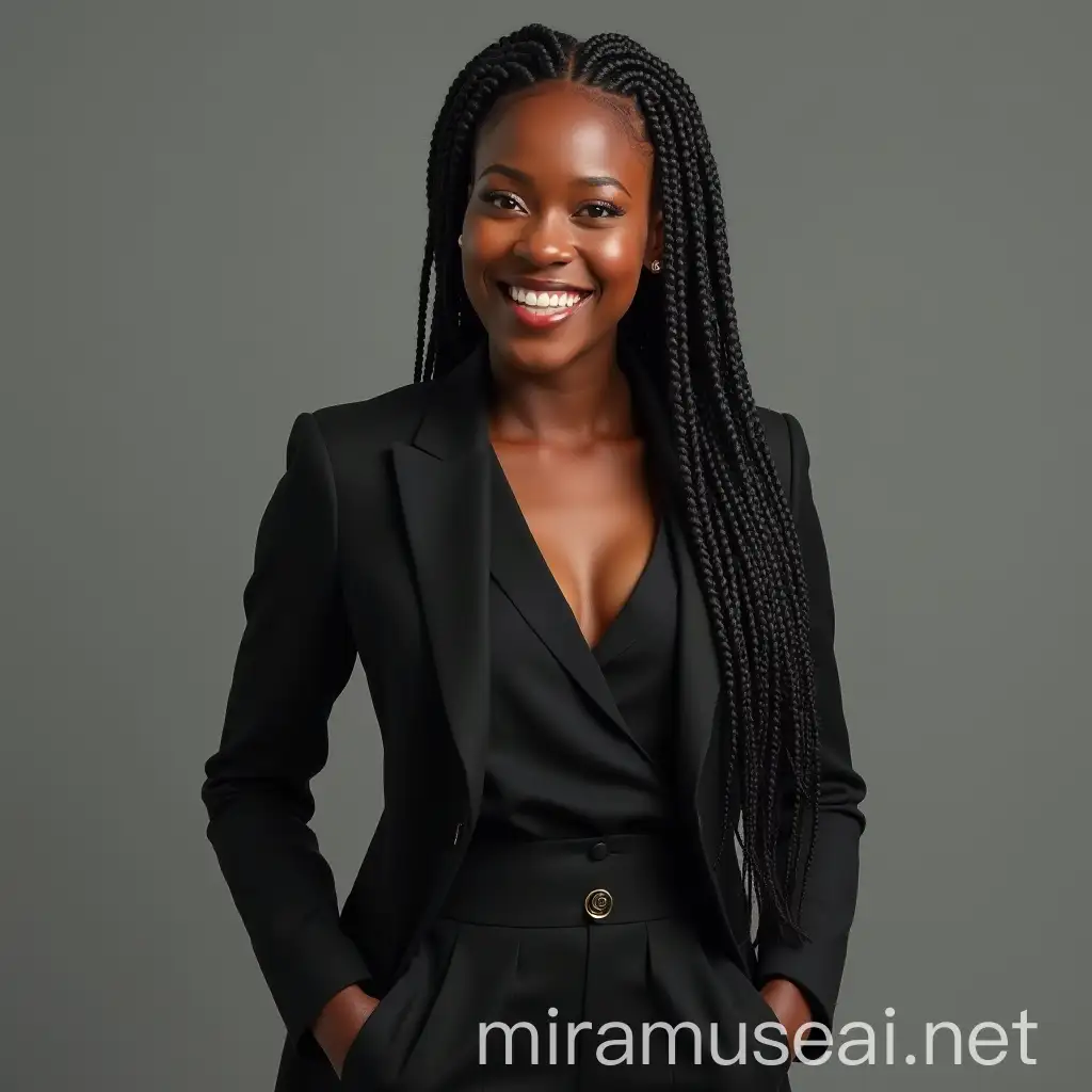 Professional Woman with Nigeria Braid Hairstyle in Dark Suit Smiling