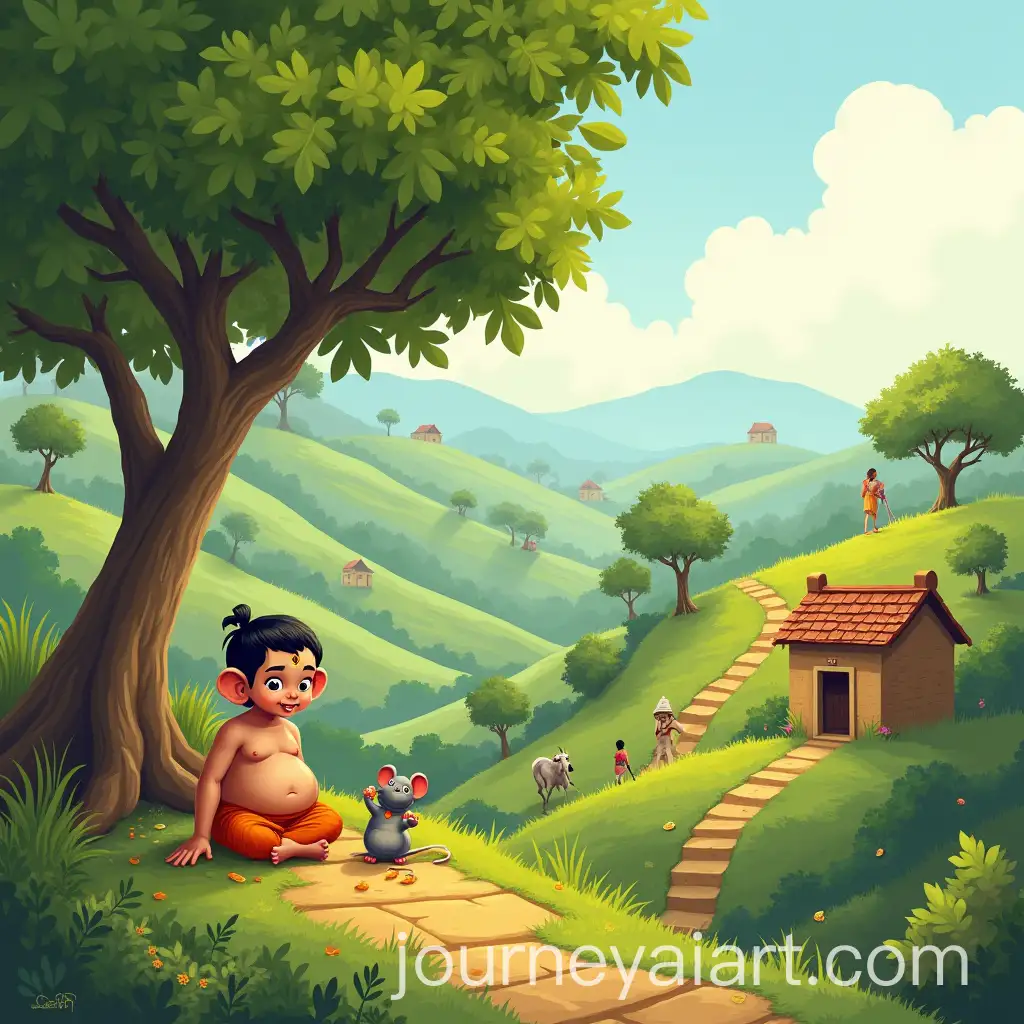 Peaceful-Indian-Village-with-YoungAI-Image-Prompt-Expansion-Ganapati-Under-Mango-Tree