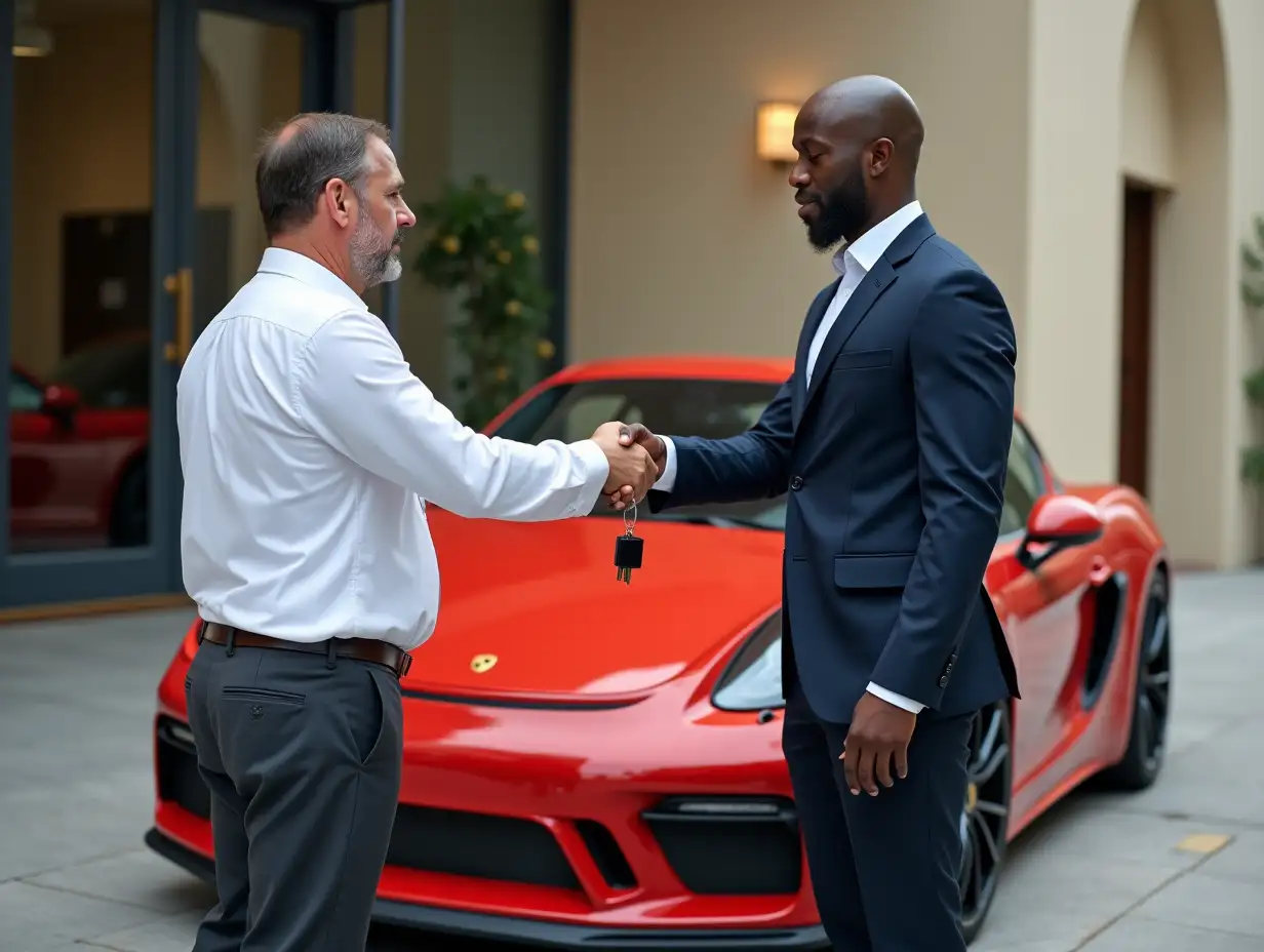 a serious white man & white woman handing over keys to a serious tall black man in suit. behind them a red porsche. background a luxury hotel. daylight, realistic