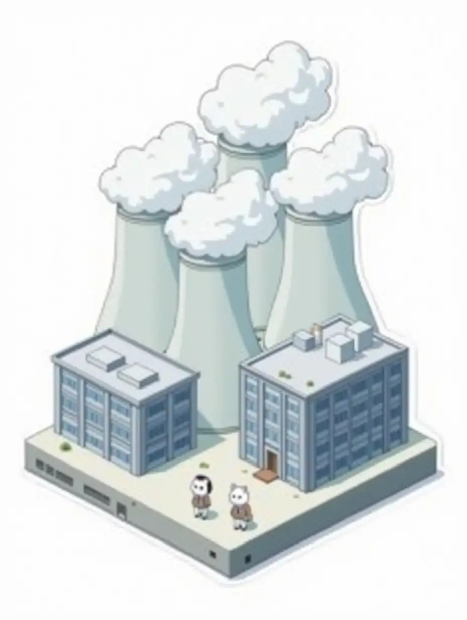 isometric vector sticker:  two industrial buildings of silver color with cylindrical roofs on top, behind them 3 large cooling towers of light gray-silver color, clouds rise from the cooling towers. There are small white cats in office clothes nearby. The overall image mimics the appearance of a cut-out laminated sticker, the sticker is bright in the anime style. The overall image mimics the appearance of a cut-out laminated sticker, the sticker is bright in the anime style.  die cut sticker design top-view, high resolution, vector art,  white background, paint in anime style