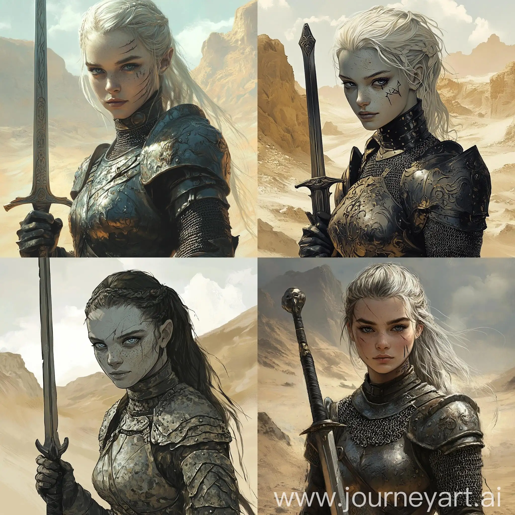 Girl-in-Chainmail-Holding-Sword-in-Mythical-Desert-Setting