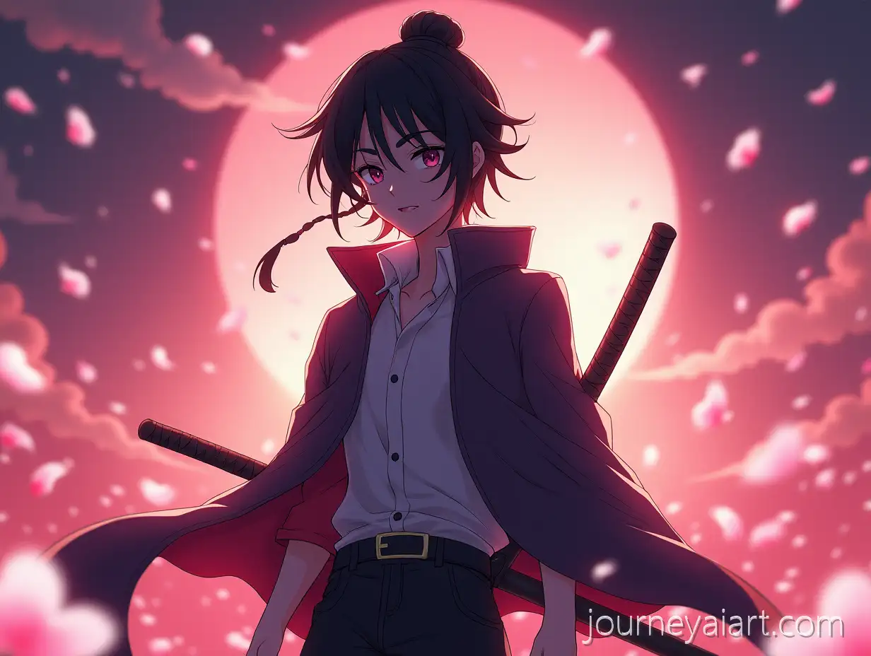 Tanjiro-Kamado-in-Modern-Outfit-with-Katana-Amid-Glowing-Petals-Anime-Wallpaper
