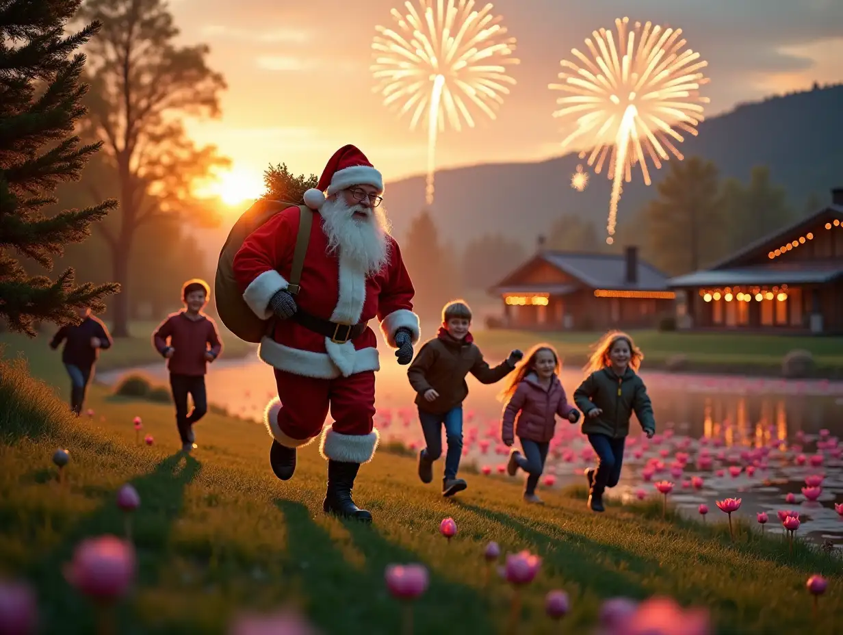 a cheerful and joyful Santa Claus with a bag of gifts is running away from the children. 2 boys and 3 girls are running merrily after him along the grassy bank of the pond, they are all running together towards a large Christmas tree, and behind the shore is a large pond with pink lilies, and on the other side of the pond with large pink lilies there is 3 single-storey chalet houses with panoramic windows in all walls from floor to roof, that is, each wall is a panoramic window, the chalet houses and trees and everything around are decorated with bright garlands of lights, sunset and lots of sunset sunlight, There are 5 flashes of large fireworks in the sky, the foreground is in focus and the background is blurred.