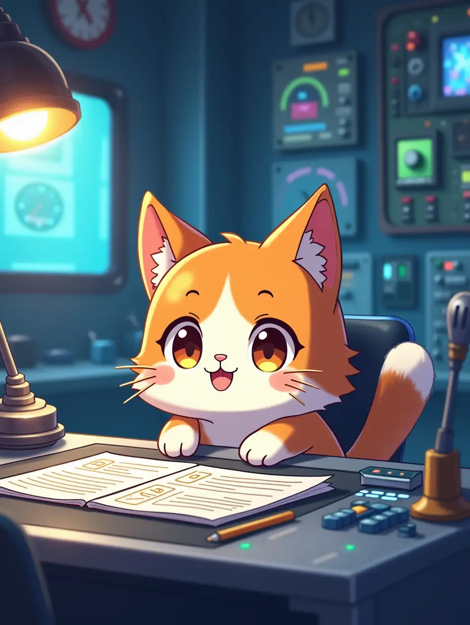 kawaii positive fluffy anime style fluffy multicolored an engineer cat  He lays out documents and office papers on a large shiny metal table with buttons and indicators in an a spacious, bright room with walls of panels dotted with colorful lamps, instruments and indicators with atmosphere of magical glow, paint in anime style