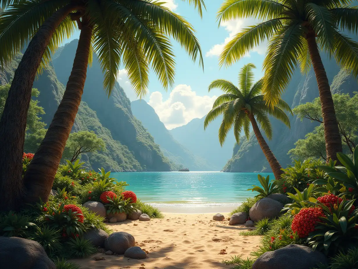 Create for me a photorealistic image of Paradise on another planet with Exotic Fruit Trees