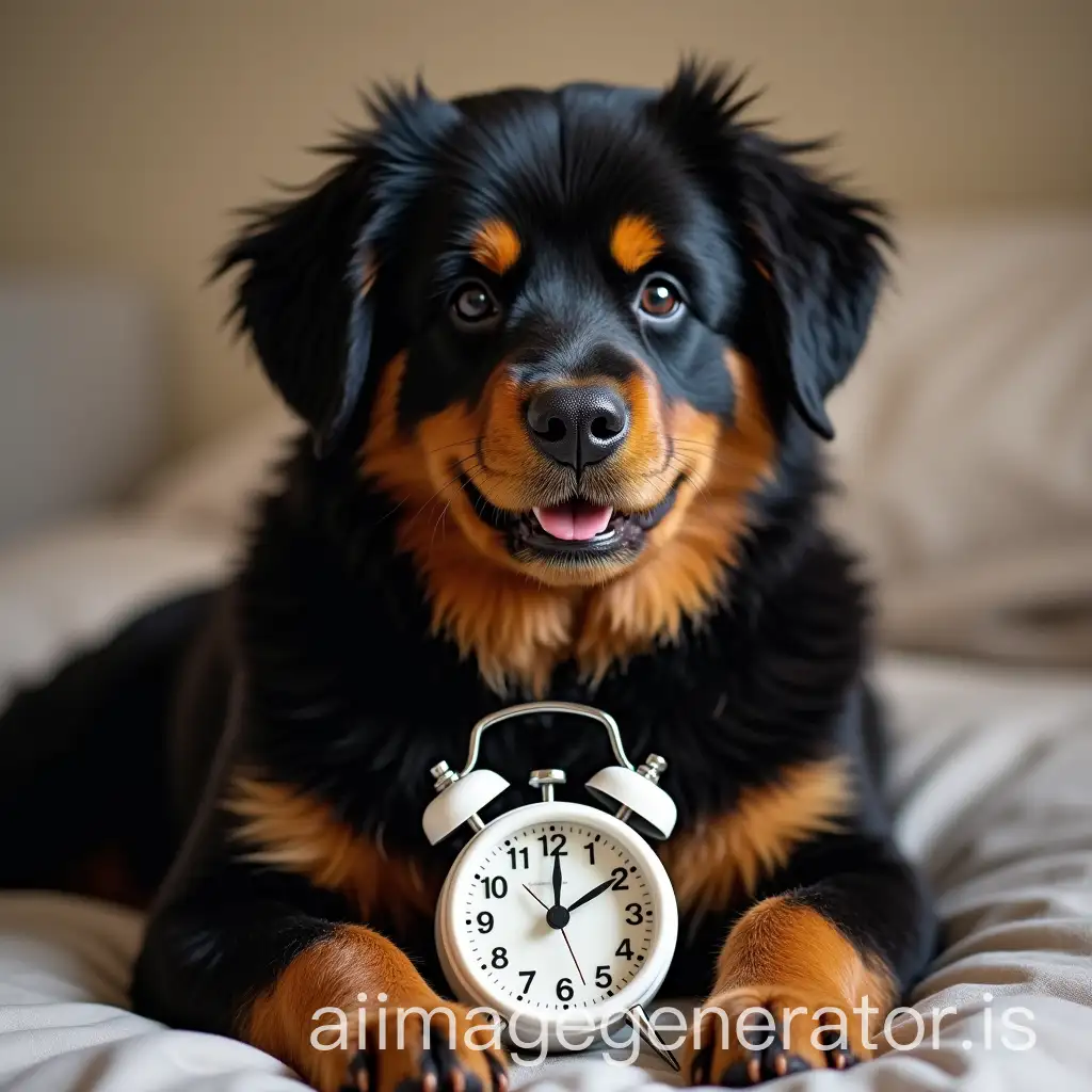 A Bouvier Bernese dog holding a wake-up alarm in its paws