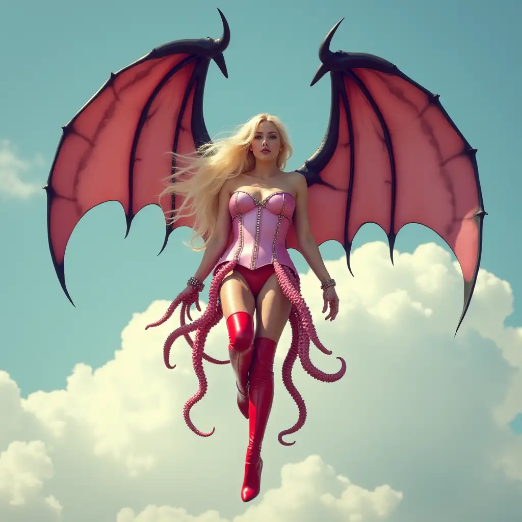 blonde woman with gigantic, long, bat wings flying in the sky between the clouds. She has many octopus tentacles growing from her waist. The blonde is wearing a pink shiny corset and red shiny thigh-high stiletto boots. She is flapping her wings vigorously. The background reveals fluffy white clouds in a clear sky.