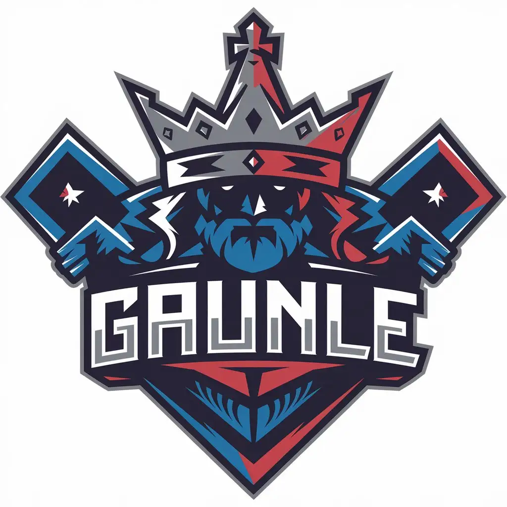 LOGO Design for GAUNLE King Symbol with Blue Red and White Color Scheme on Black Background