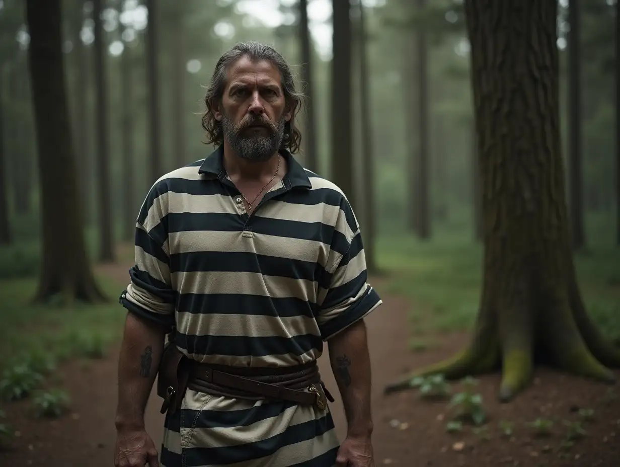 a prisoner from the old era in the middle of a forest with prison clothes