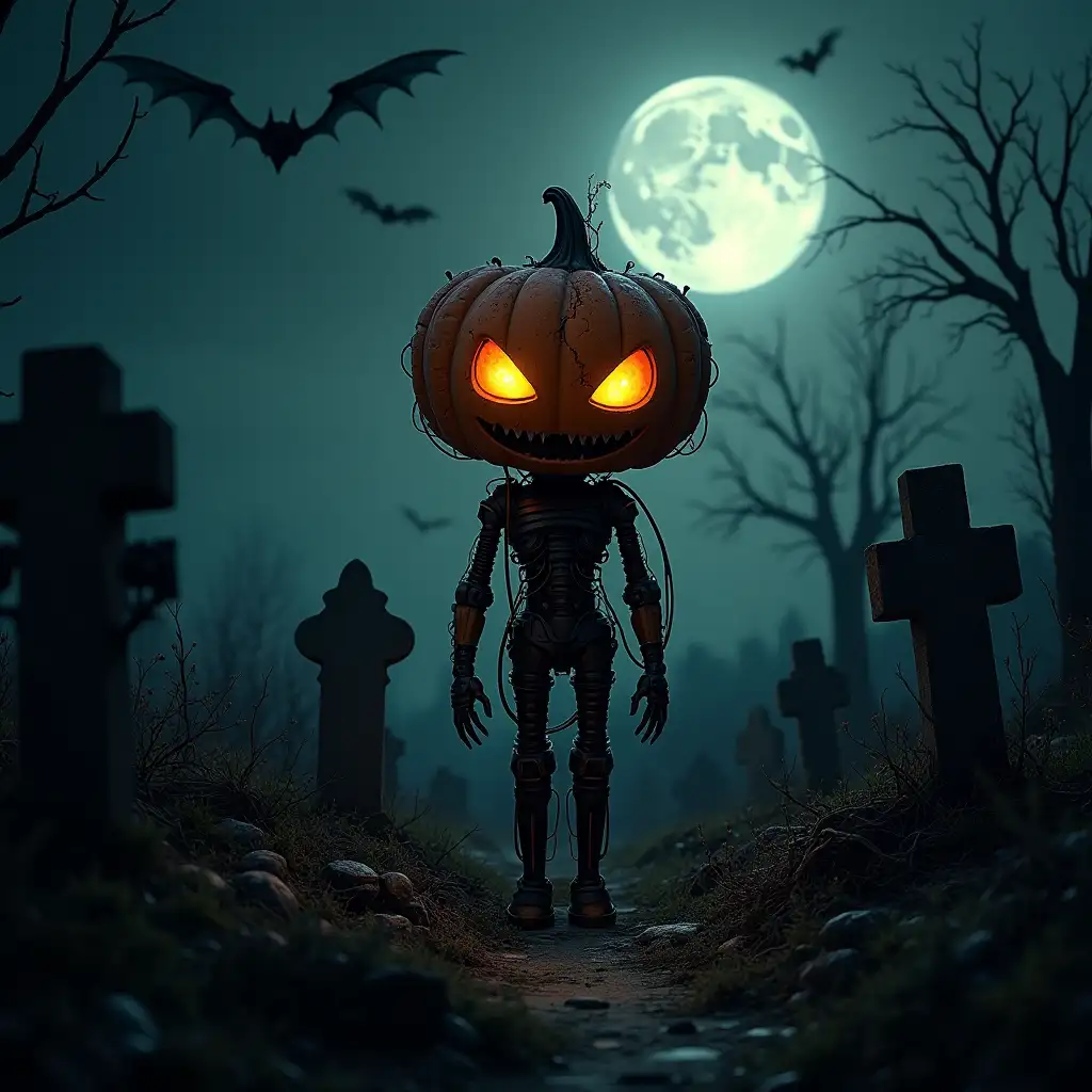 Eerie-Futuristic-PumpkinHead-in-a-Haunted-Graveyard