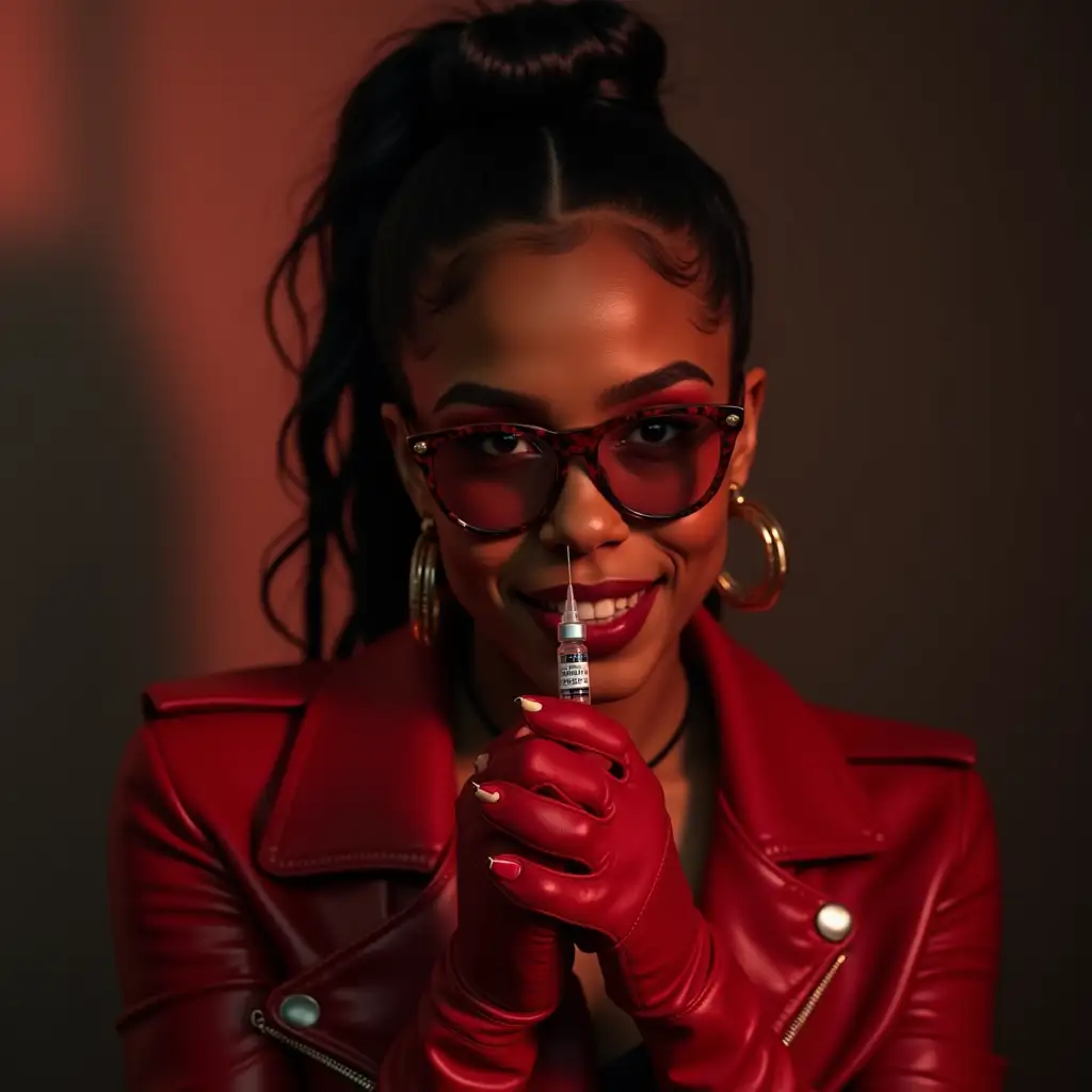 Black-Female-Rapper-in-Red-Leather-Dominatrix-Holding-Vaccine