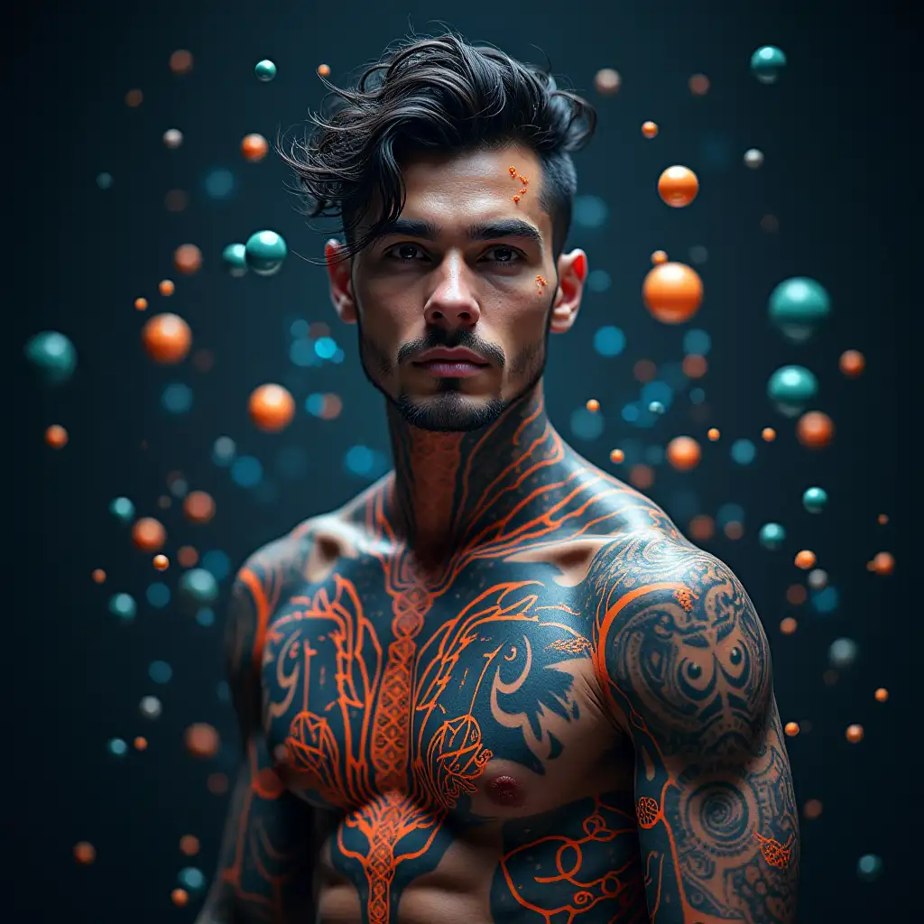 a 31yo male lean body tattoo dark medium hair surrounded by molecules, technology-looking abstractons, psychedelic style, realistic, self-confident, like a personal development coach that uses digital technology