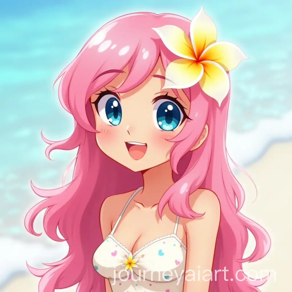 Smiling-Girl-with-Pink-Wavy-Hair-and-Frangipani-Flower-in-Summer-Beach-Attire