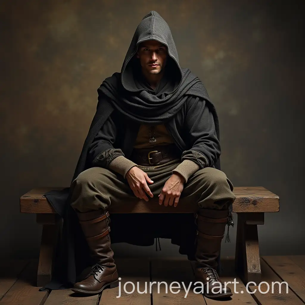 Medieval-Thief-Sitting-on-Wooden-Bench-in-Historic-Setting