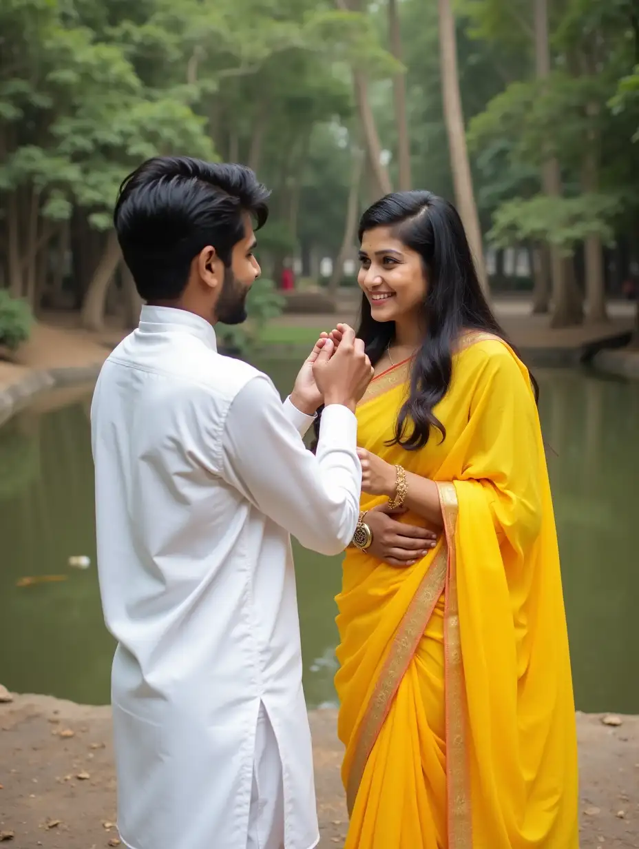 a boy wearing white kurta pajama proposing a girl wearing yellow saree, at the zoo