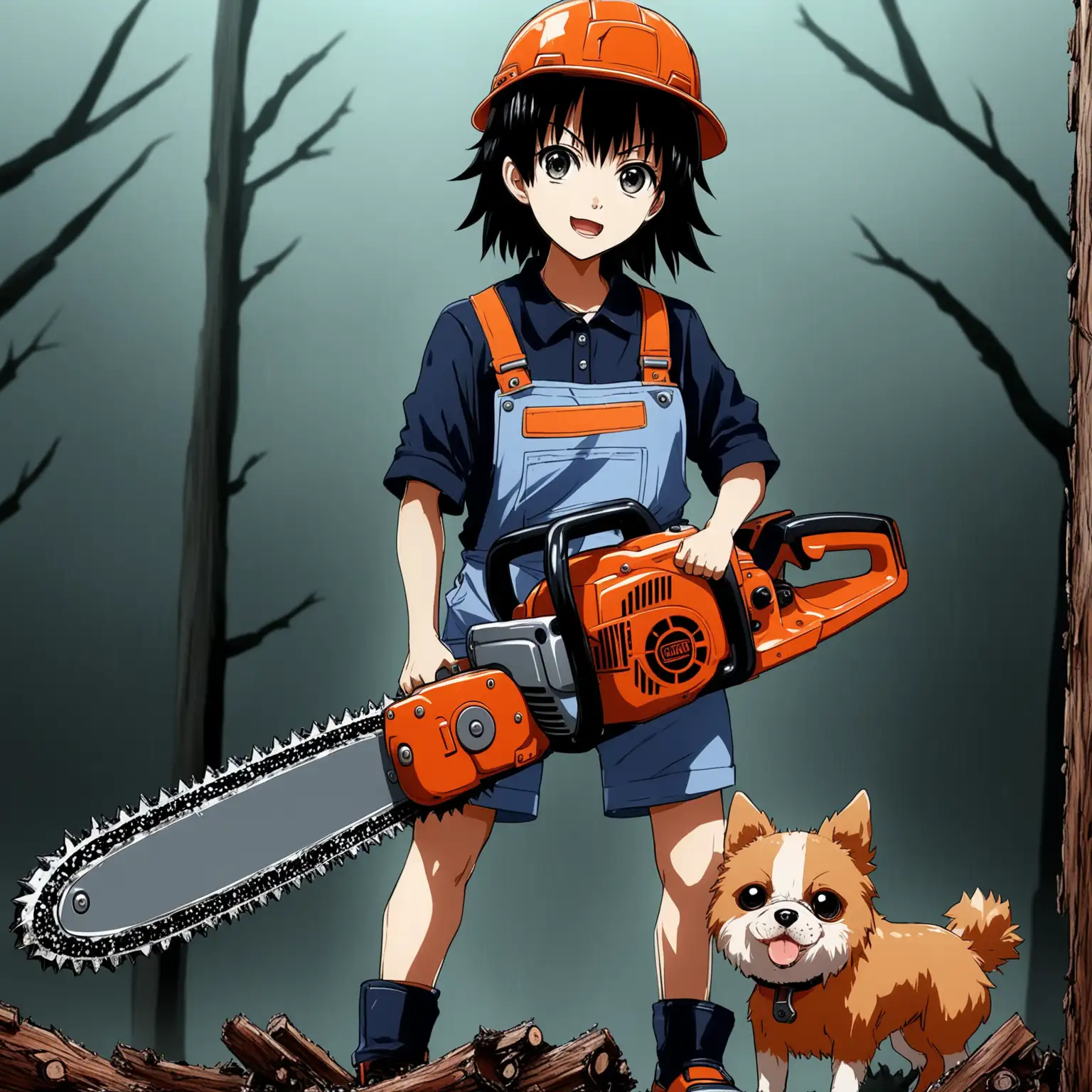 Anime person chainsaw , small dog