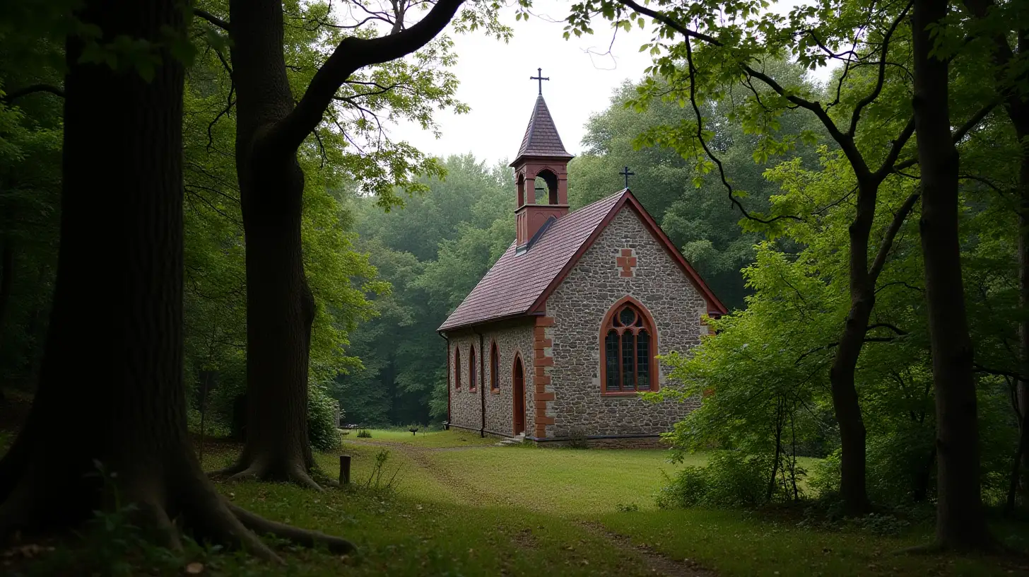 a  view from a wooded area of  an old stone church with a cross on the roof.