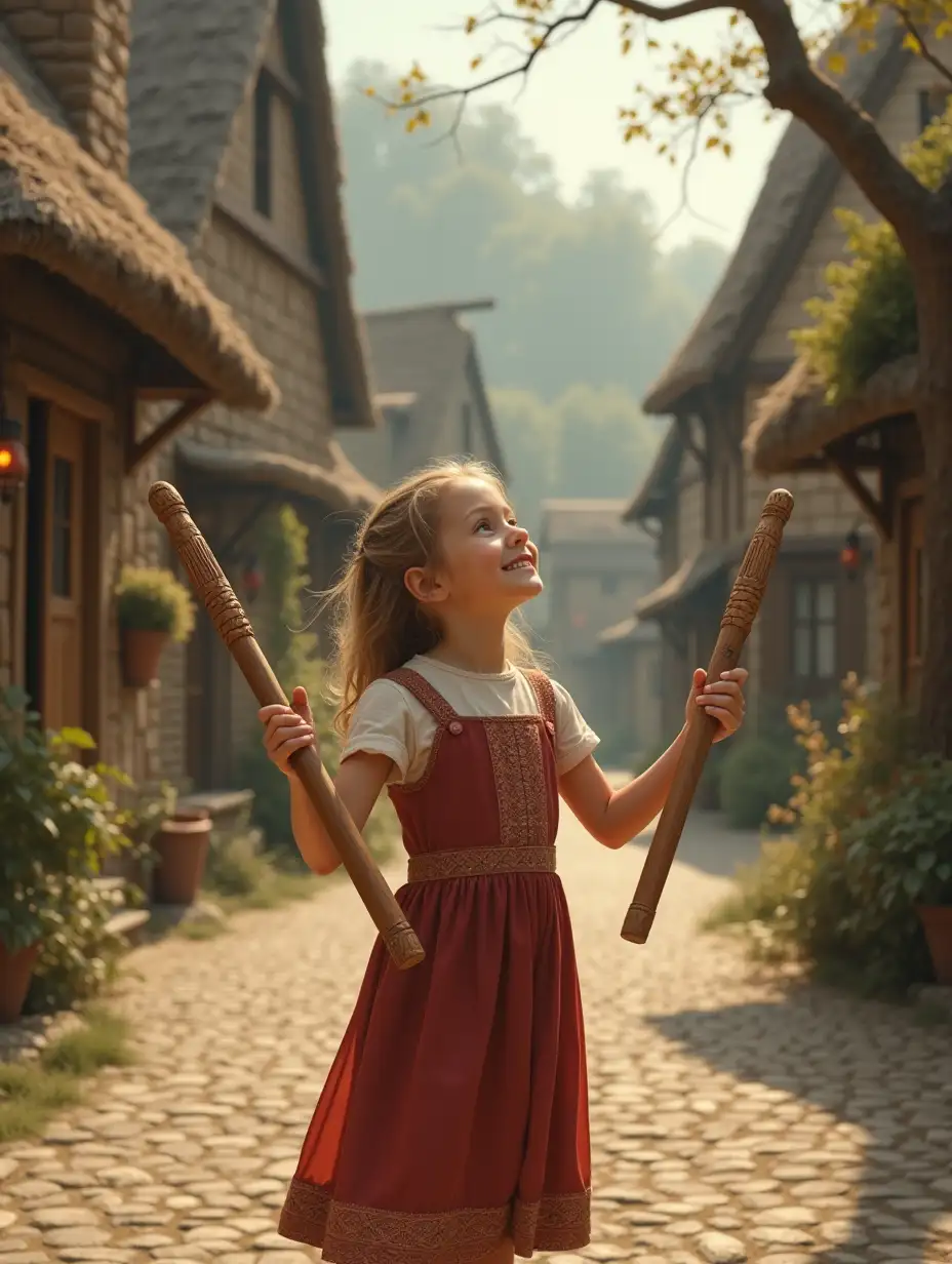 A profoundly detailed hyperrealistic painting of a young girl with two intricately carved wooden sticks. She stands gracefully, skillfully juggling the sticks, one in each hand, as they soar through the air. The sticks are adorned with delicate patterns and subtle, almost imperceptible shadows that give them depth and realism. In the background, a quaint medieval village is visible, its cobblestone streets and thatched-roof cottages bathed in a warm, golden glow. The village exudes tranquility and wonder, inviting the viewer to step into this moment of peace and enchantment.