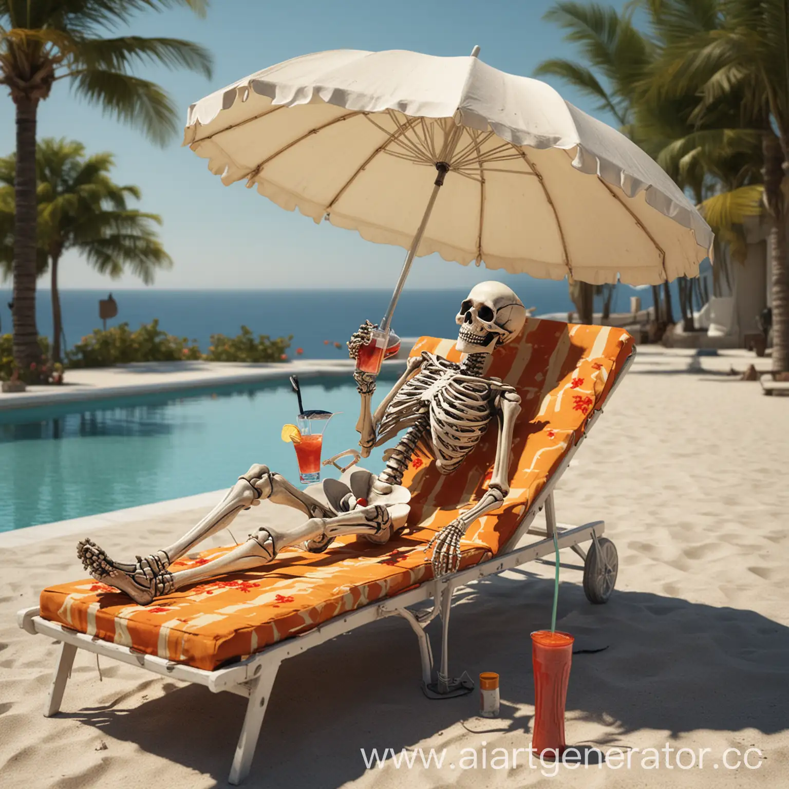 Skeleton-Relaxing-on-Sun-Lounger-with-Umbrella-and-Drink