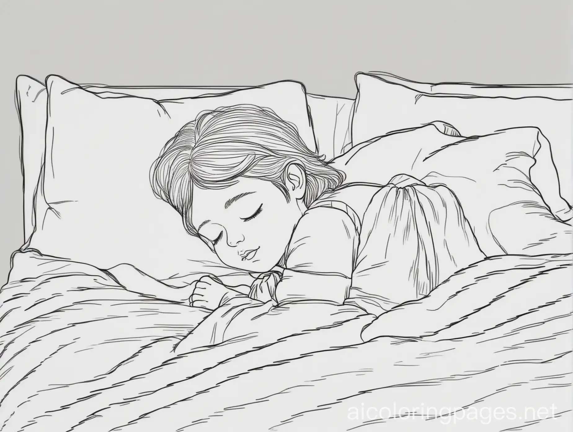 A child sleeping in the bed at night, Coloring Page, black and white, line art, white background, Simplicity, Ample White Space. The background of the coloring page is plain white to make it easy for young children to color within the lines. The outlines of all the subjects are easy to distinguish, making it simple for kids to color without too much difficulty