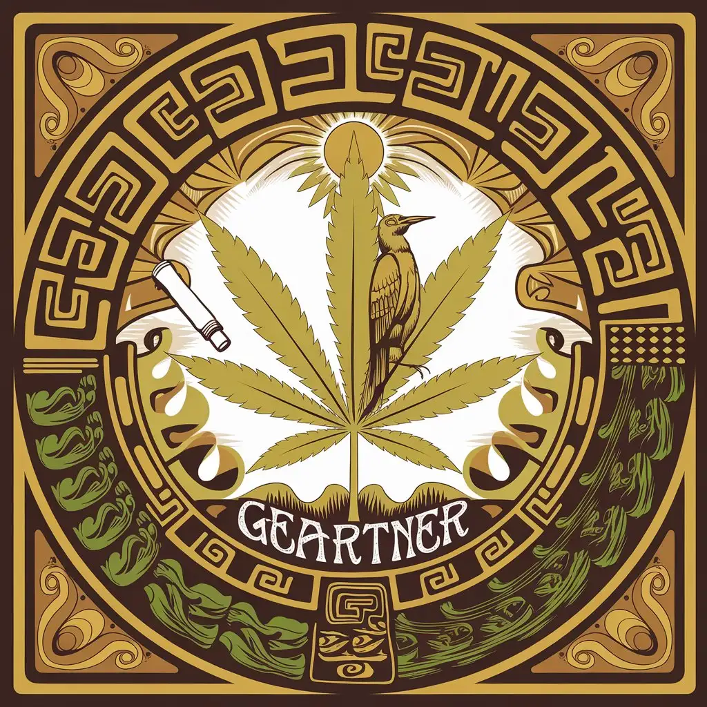 LOGO Design for Geartner Psychedelic Birds Cannabis Symbol and Mayan EgyptianInspired Triangular Shape