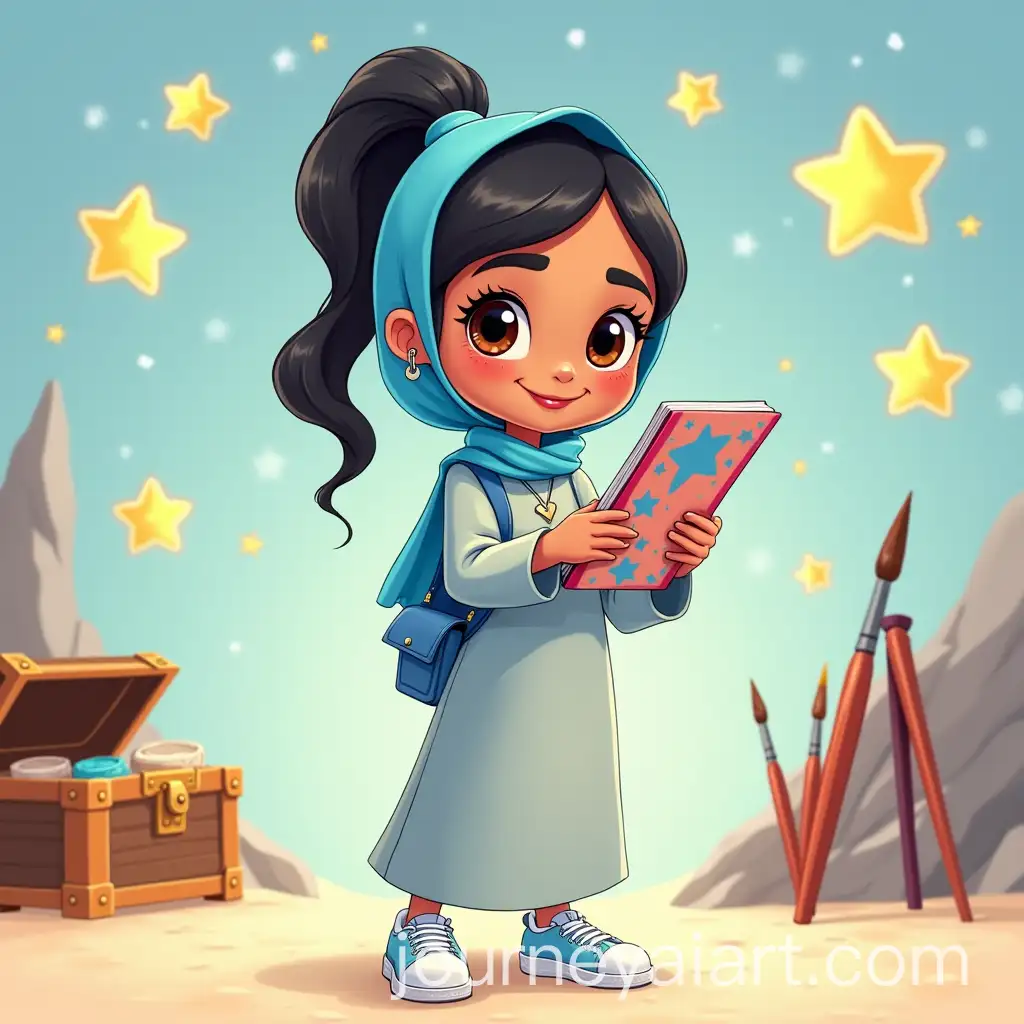 Creative-10YearOld-Girl-with-Colorful-Notebook-and-Stars-in-Bright-Cartoon-Style