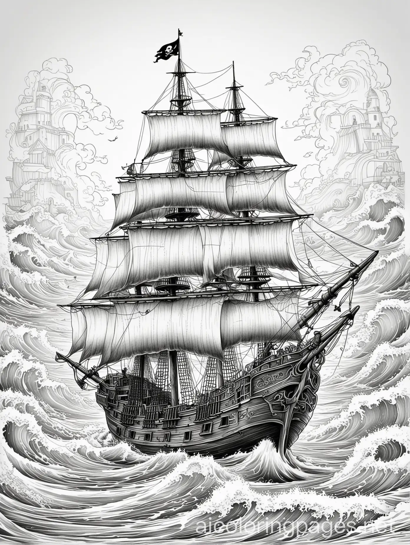 highly detailed illustration of a pirate ship in rough waters for a tattoo, Coloring Page, black and white, line art, white background, Simplicity, Ample White Space. The background of the coloring page is plain white to make it easy for young children to color within the lines. The outlines of all the subjects are easy to distinguish, making it simple for kids to color without too much difficulty