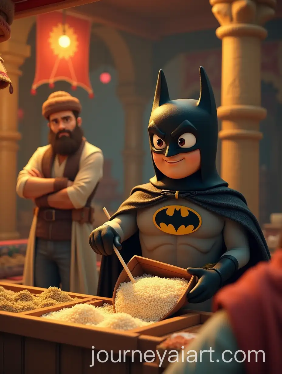 Animated-Batman-Shopping-in-an-Ottoman-Bazaar-with-Rice-Bag
