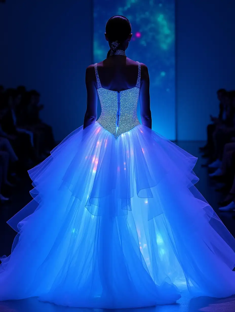 A translucent, glow-in-the-dark gown made of layered iridescent tulle, mimicking a jellyfish’s bioluminescence. Tentacle-like ruffles trail from the hem, holographic sequin scales, UV-reactive dye accents, ethereal blue-purple nebula runway backdrop.