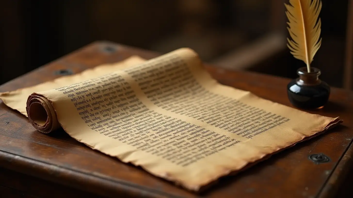 Ancient Manuscript Scroll with Inkwell and Quill in Biblical Setting