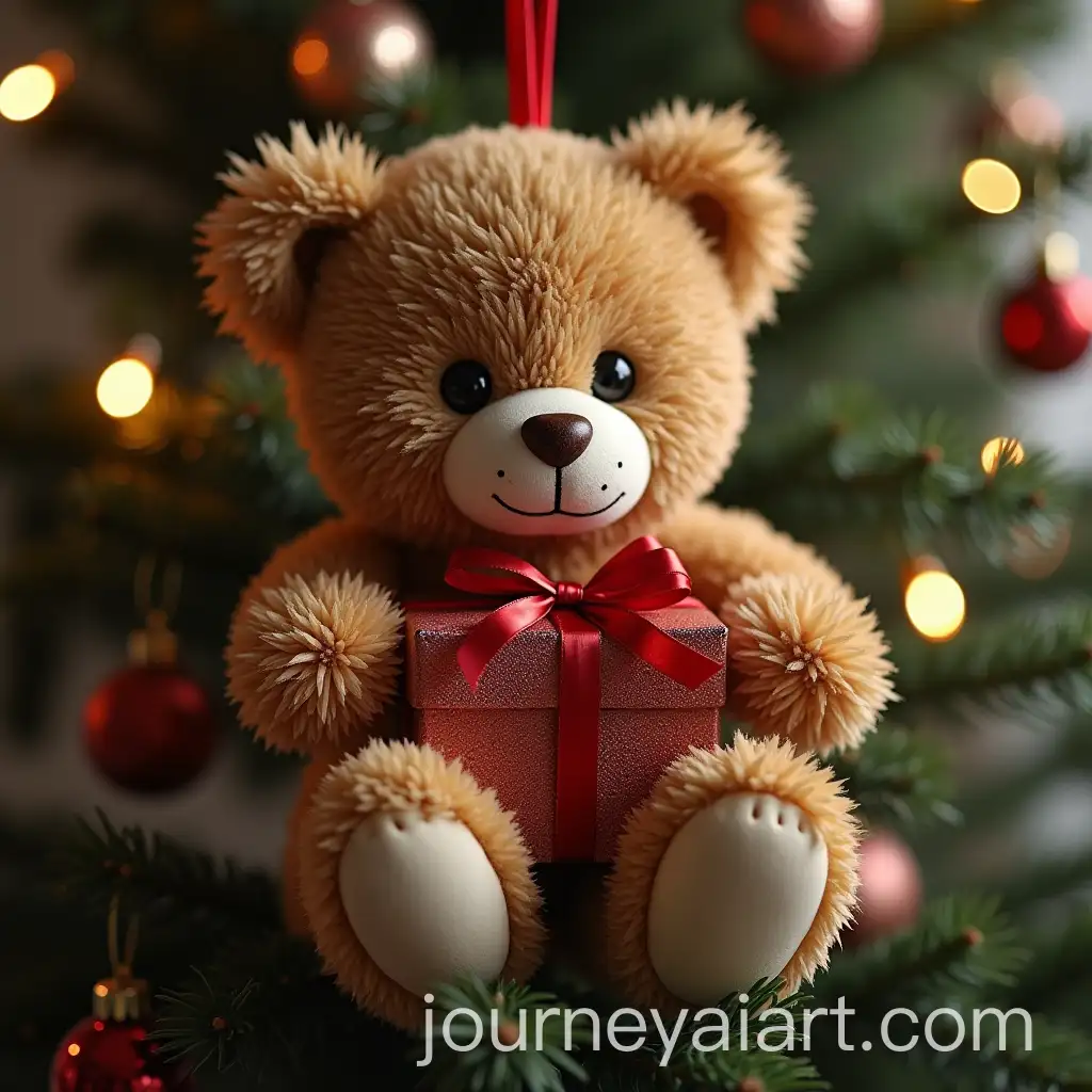 Teddy-Bear-Holding-a-Gift-on-a-Christmas-Tree-with-Festive-Decorations