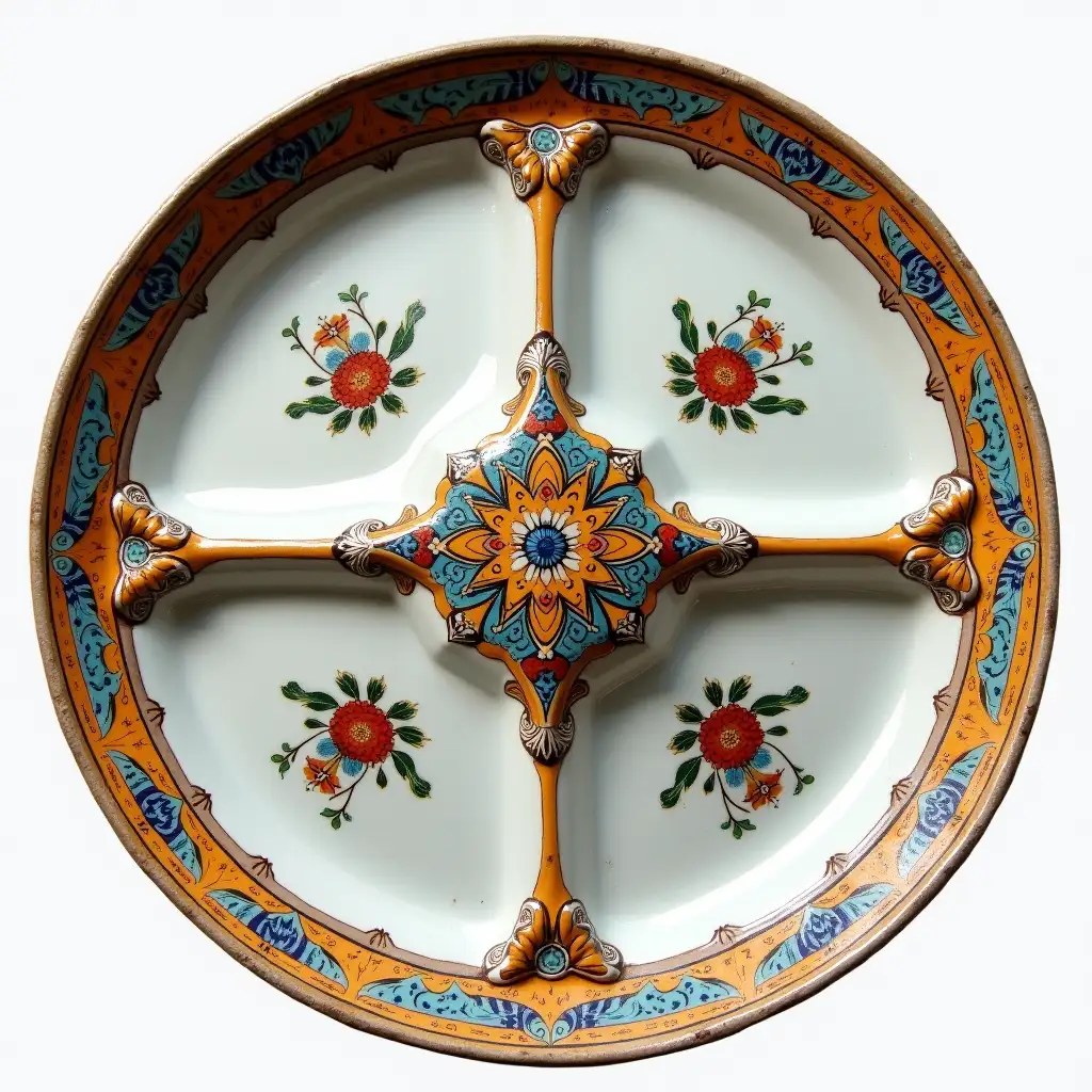 Four divided circle ceramic tray plate with embossed beautiful ceramic handle, Underglaze painting on white body, Fine art, Hyper detailed, Antique and old, Qajar art, Iranian Tabriz carpet design