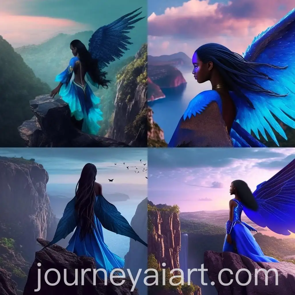 Beautiful-Fairy-Woman-with-Blue-Wings-Standing-on-Cliff-Edge