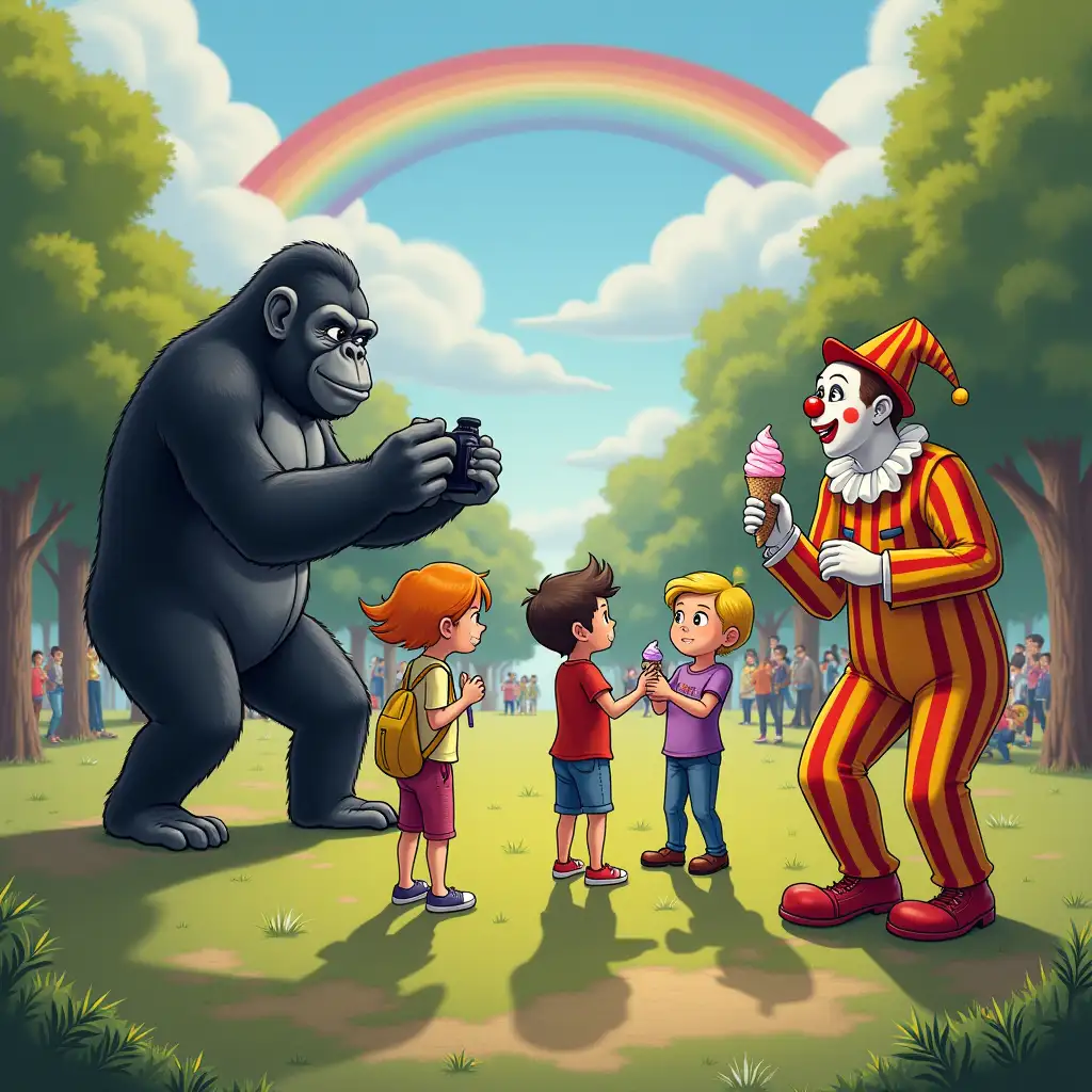 Gorilla-Taking-Pictures-of-Children-and-Clown-Eating-Ice-Cream-in-a-Park-with-Rainbow-and-Trees